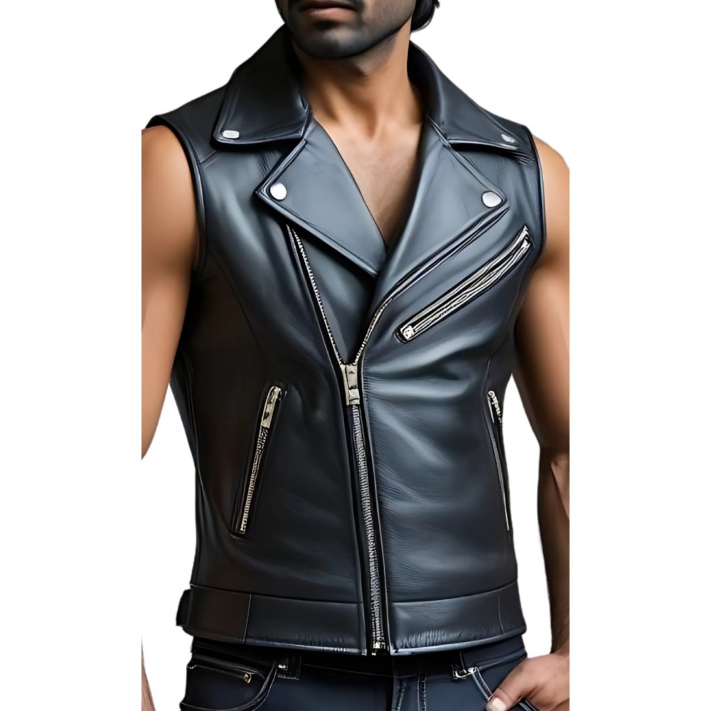 Gilet cuir homme style perfecto en veau noir modèle Adam