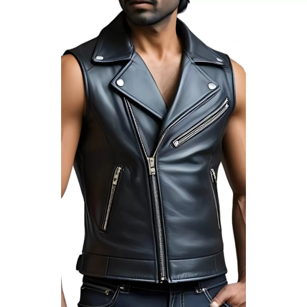 Gilet cuir homme style perfecto en veau noir modèle Adam