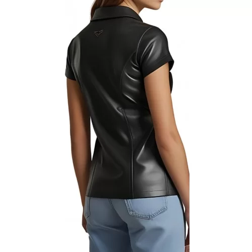 Polo tee shirt femme en cuir d'agneau noir boutons sur l'avant modèle Lou