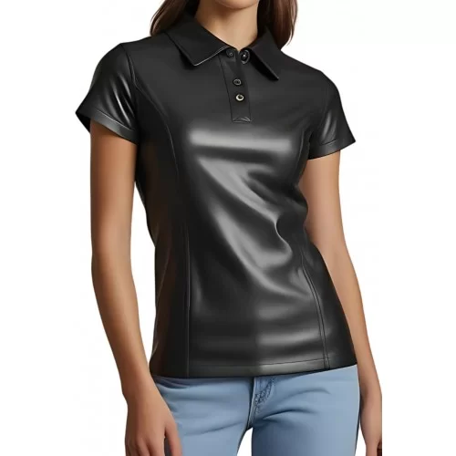 Polo tee shirt femme en cuir d'agneau noir boutons sur l'avant modèle Lou