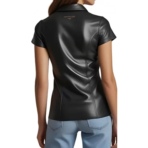Polo tee shirt femme en cuir d'agneau noir boutons sur l'avant modèle Lou