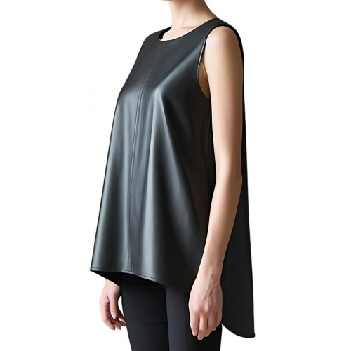 Tunique large et asymétrique femme en cuir d'agneau noir  modèle Kurlie