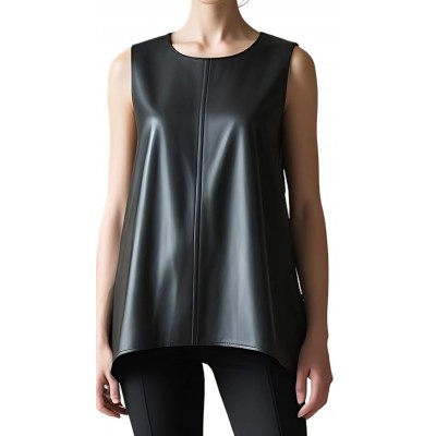 Tunique large et asymétrique femme en cuir d'agneau noir  modèle Kurlie