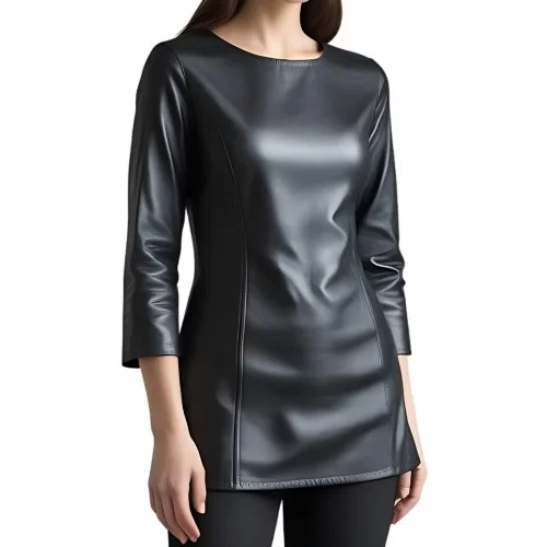 Tunique femme en cuir d'agneau noir manches deux tiers modèle Crolie