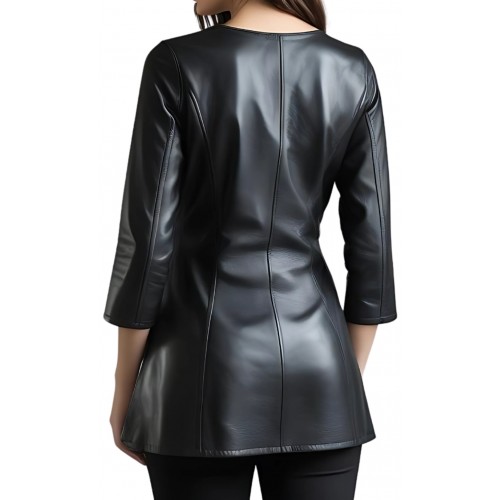 Tunique femme en cuir d'agneau noir manches deux tiers modèle Crolie