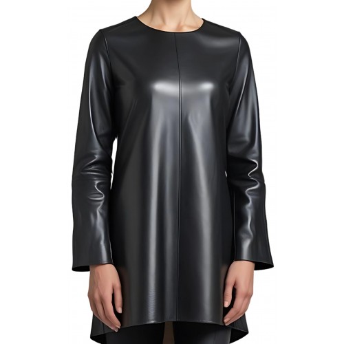 Tunique femme en cuir d'agneau noir manches deux tiers modèle Crolie