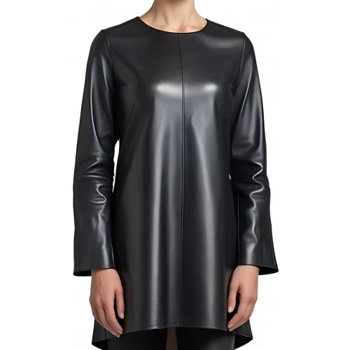 Tunique femme en cuir d'agneau noir manches deux tiers modèle Crolie