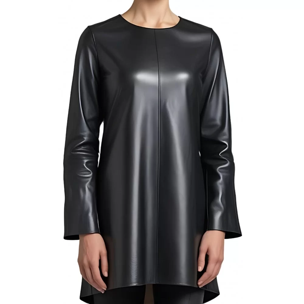 Tunique femme en cuir d'agneau noir manches deux tiers modèle Crolie