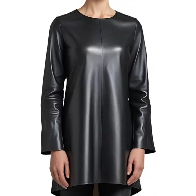 Tunique femme en cuir d'agneau noir manches deux tiers modèle Crolie