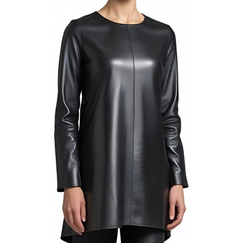 Tunique femme en cuir d'agneau noir manches deux tiers modèle Crolie