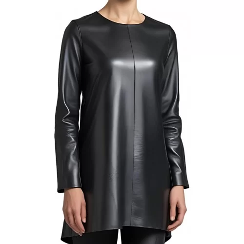 Tunique femme en cuir d'agneau noir manches deux tiers modèle Crolie