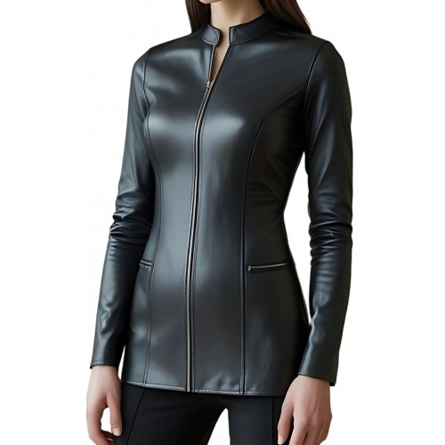 Tunique femme en cuir d'agneau noir avec zips avant et arrière modèle Abida