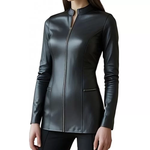 Tunique femme en cuir d'agneau noir avec zips avant et arrière modèle Abida