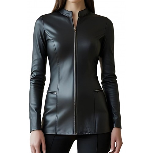 Tunique femme en cuir d'agneau noir avec zips avant et arrière modèle Abida