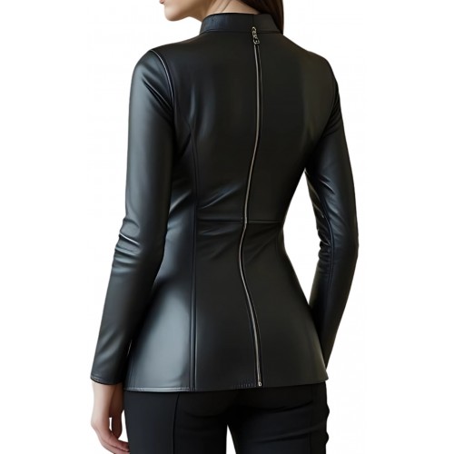 Tunique femme en cuir d'agneau noir avec zips avant et arrière modèle Abida