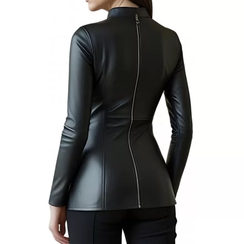 Tunique femme en cuir d'agneau noir avec zips avant et arrière modèle Abida