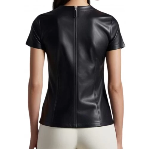 Tee shirt cuir femme avec zip avant et arrière en agneau noir modèle Mixa