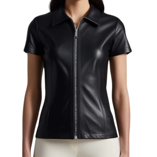 Tee shirt cuir femme avec zip avant et arrière en agneau noir modèle Mixa