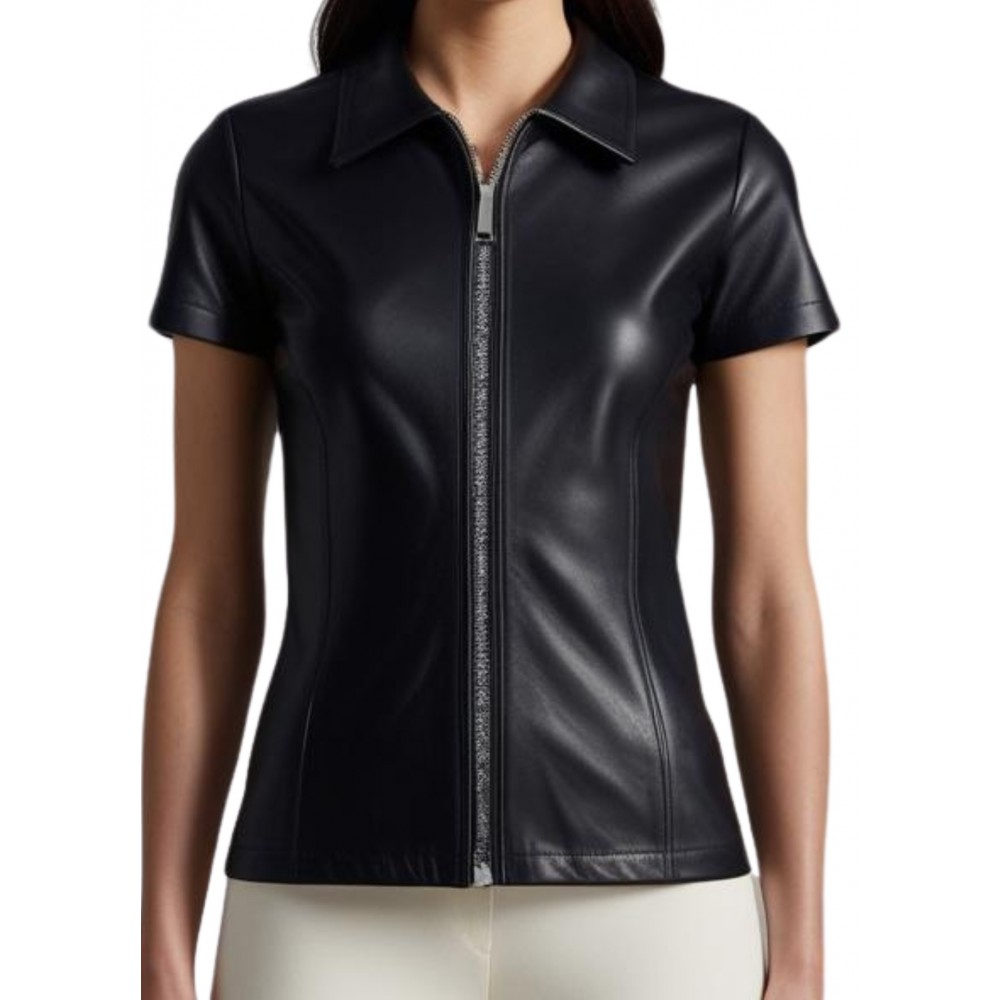 Tee shirt cuir femme avec zip avant et arrière en agneau noir modèle Mixa