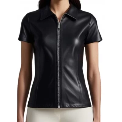Tee shirt cuir femme avec zip avant et arrière en agneau noir modèle Mixa