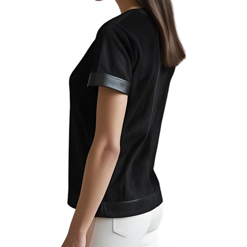Tee shirt femme bimatière en peau d'agneau velours noir et agneau cuir noir modèle Lilou