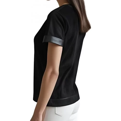 Tee shirt femme bimatière en peau d'agneau velours noir et agneau cuir noir modèle Lilou