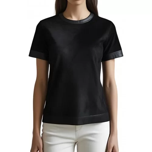 Tee shirt femme bimatière en peau d'agneau velours noir et agneau cuir noir modèle Lilou