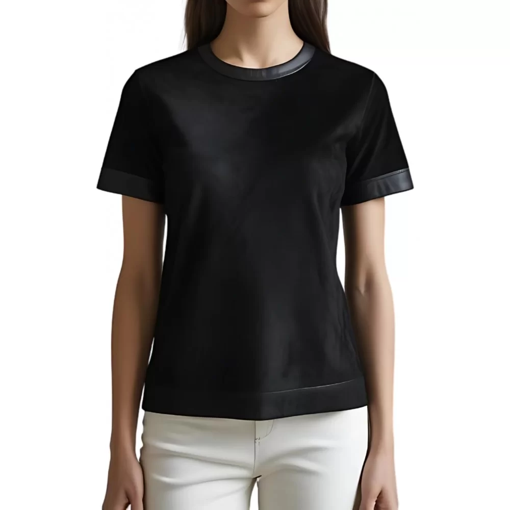 Tee shirt femme bimatière en peau d'agneau velours noir et agneau cuir noir modèle Lilou