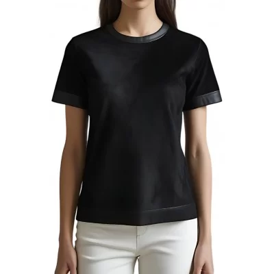 Tee shirt femme bimatière en peau d'agneau velours noir et agneau cuir noir modèle Lilou