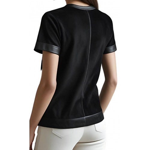Tee shirt femme bimatière en peau d'agneau velours noir et agneau cuir noir modèle Lilou