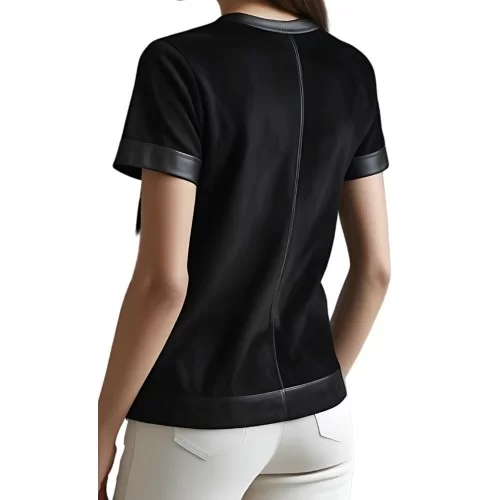 Tee shirt femme bimatière en peau d'agneau velours noir et agneau cuir noir modèle Lilou