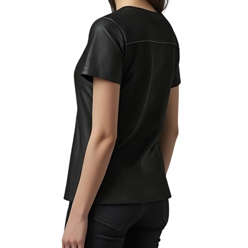 Tee shirt femme classique en cuir d'agneau noir  modèle Nolwenn