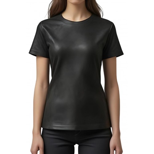 Tee shirt femme classique en cuir d'agneau noir  modèle Nolwenn