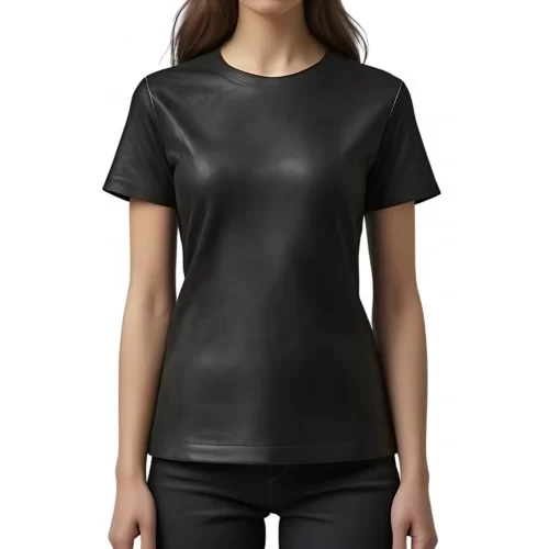 Tee shirt femme classique en cuir d'agneau noir modèle Nolwenn