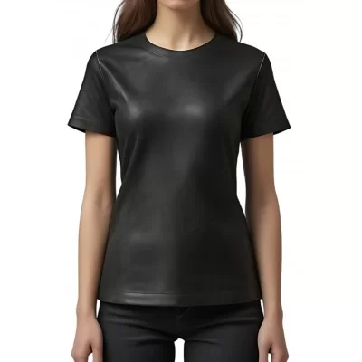 Tee shirt femme classique en cuir d'agneau noir modèle Nolwenn