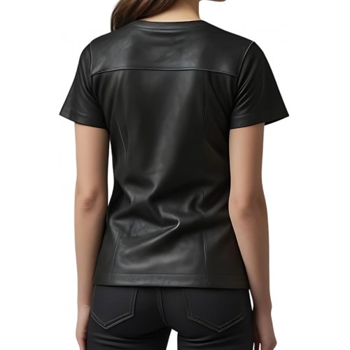Tee shirt femme classique en cuir d'agneau noir  modèle Nolwenn