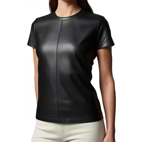 Tee shirt femme en cuir d'agneau noir modèle Layla