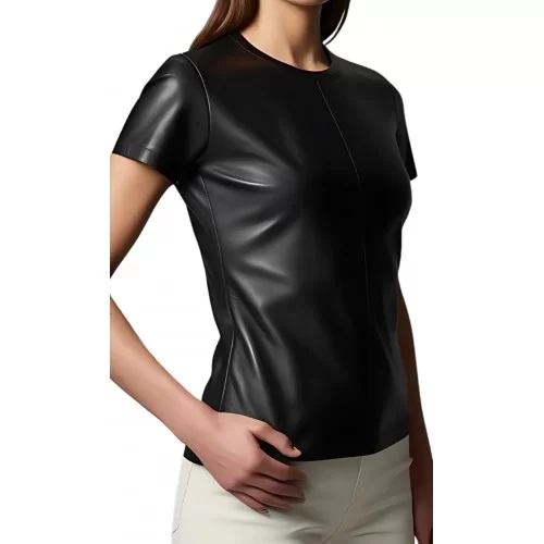 Tee shirt femme en cuir d'agneau noir modèle Layla