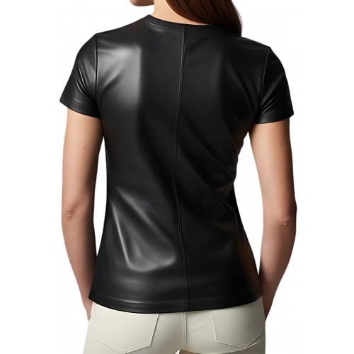 Tee shirt femme en cuir d'agneau noir modèle Layla