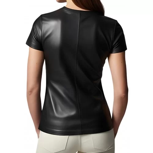 Tee shirt femme en cuir d'agneau noir modèle Layla