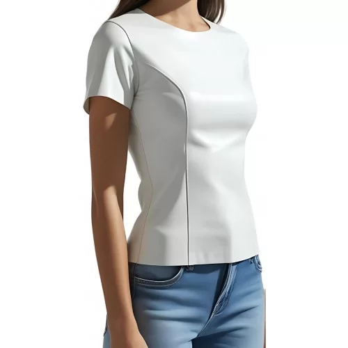 Tee shirt femme en cuir d'agneau blanc modèle Arleen