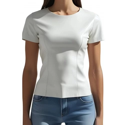 Tee shirt femme en cuir d'agneau blanc modèle Arleen