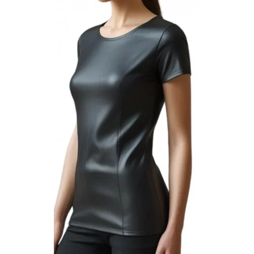Tee shirt femme en cuir d'agneau stretch noir modèle Maisie