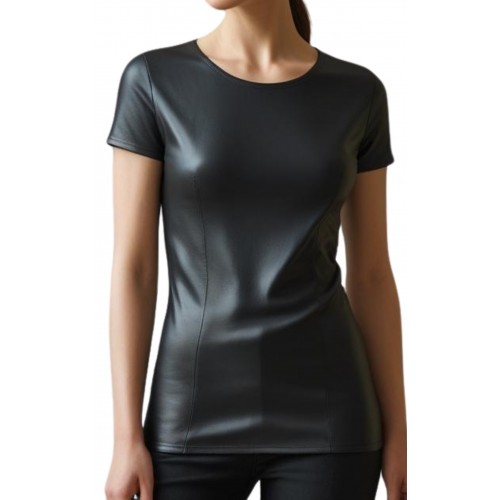 Tee shirt femme en cuir d'agneau stretch noir  modèle Maisie