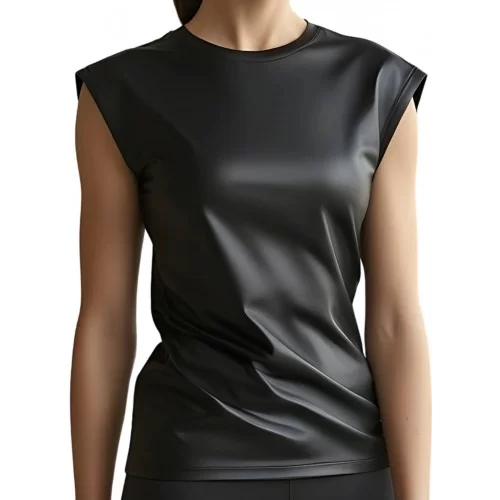 Tee shirt femme en cuir d'agneau stretch noir sans manches modèle Maisie