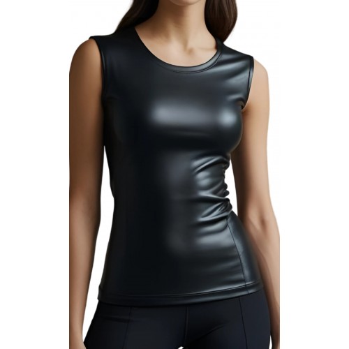Tee shirt débardeur femme en cuir d'agneau stretch noir  modèle Mellie