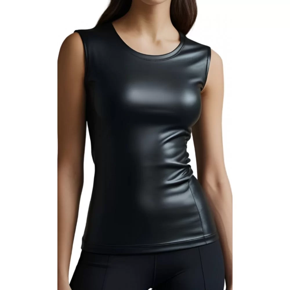 Tee shirt débardeur femme en cuir d'agneau stretch noir modèle Mellie