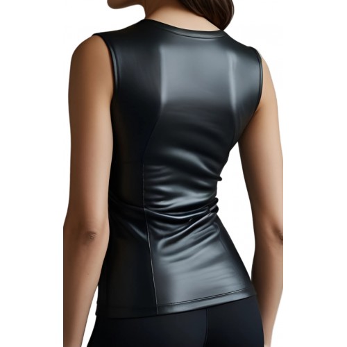 Tee shirt débardeur femme en cuir d'agneau stretch noir  modèle Mellie