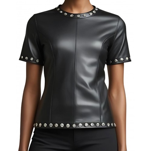 Tee shirt femme en cuir d'agneau noir avec rivets ronds en métal modèle Stanise