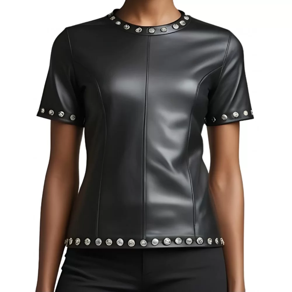 Tee shirt femme en cuir d'agneau noir avec rivets ronds en métal modèle Stanise